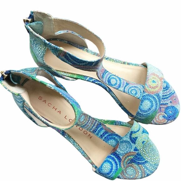 SACHA LONDON leather t-Strap printed wedge sandals blue print 8 - Picture 1 of 9